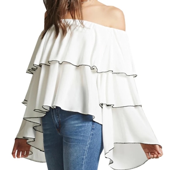 Forever 21 Tiered- Off The Shoulder Blouse, White, Size Small - Picture 1 of 6